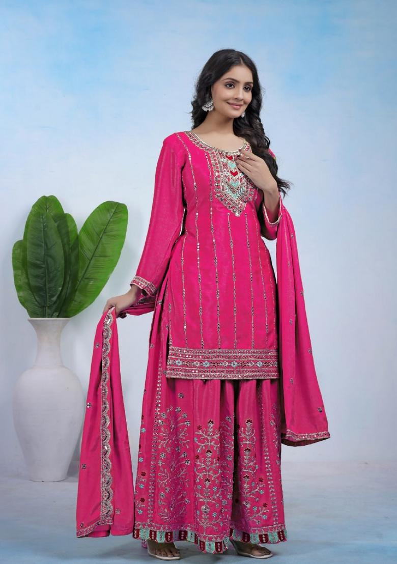 Hot Pink Sequin Work Chiffon Kurta Set - Indya