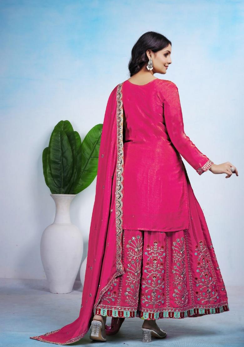Hot Pink Sequin Work Chiffon Kurta Set - Indya