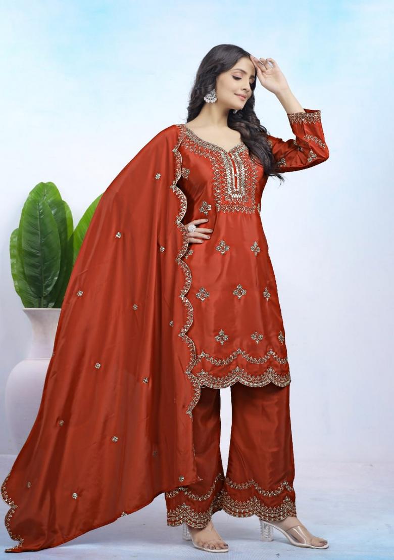 Orange Sequin Work Crepe Kurta Set - Indya