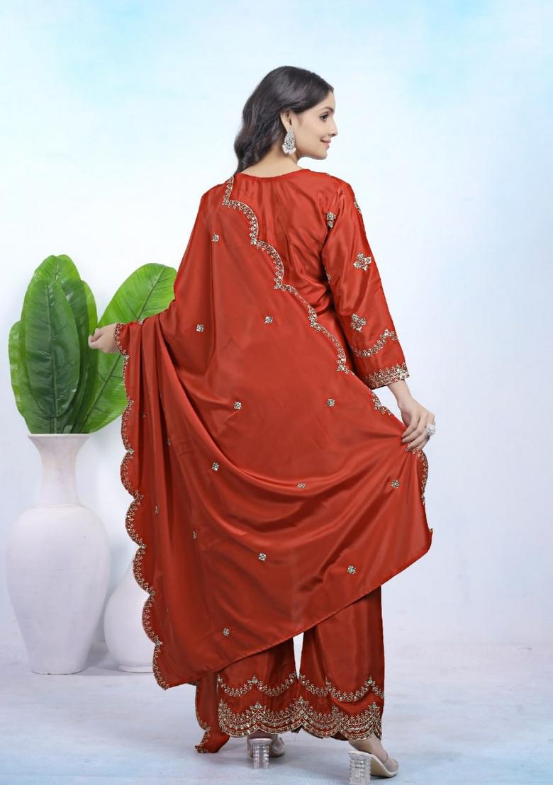 Orange Sequin Work Crepe Kurta Set - Indya