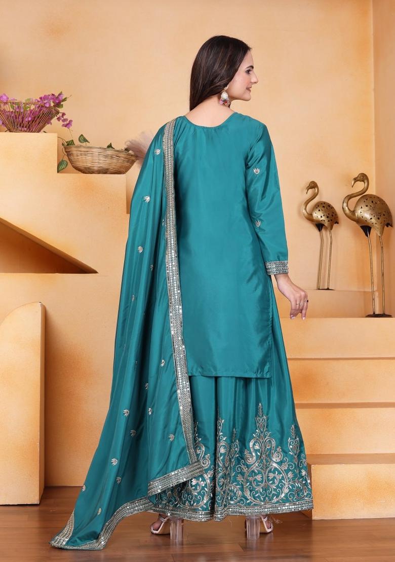Teal Green Sequin Work Crepe Kurta Set - Indya