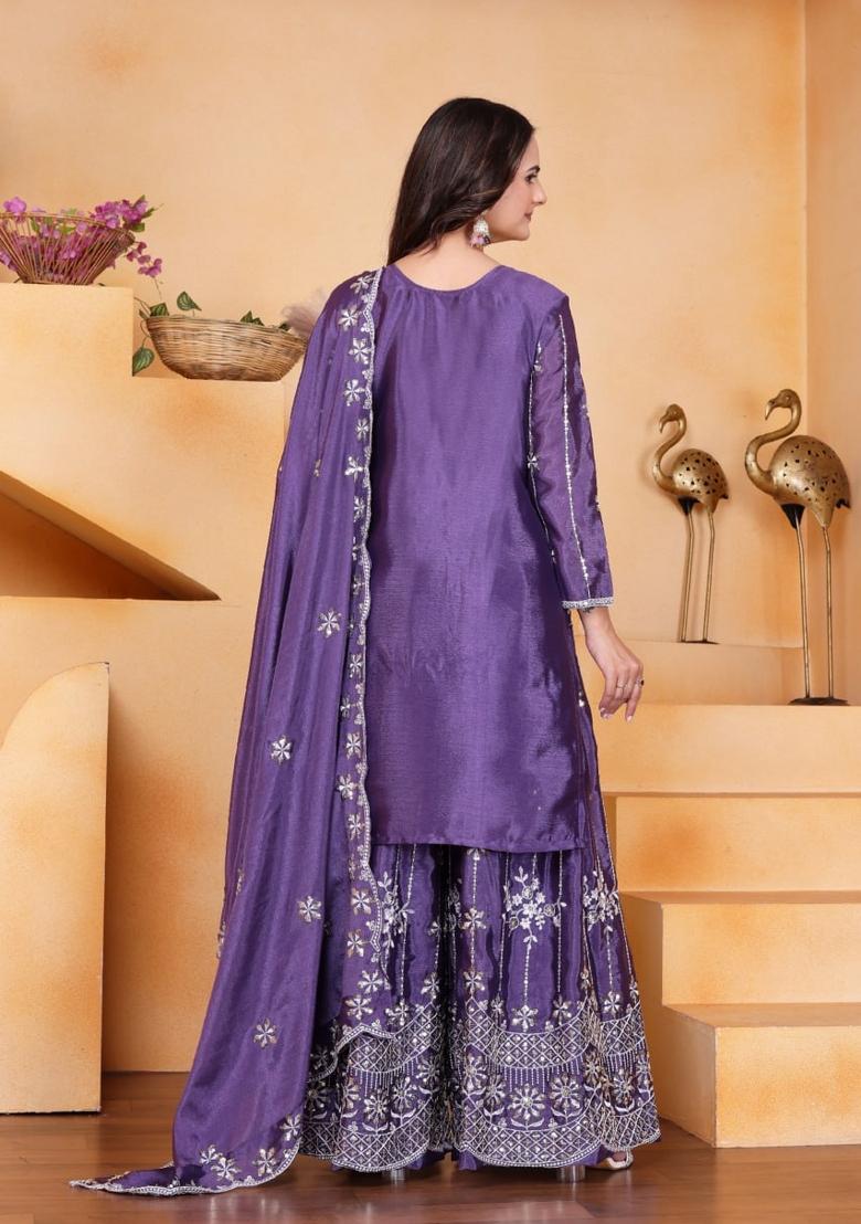 Purple Sequin Work Silk Kurta Set - Indya