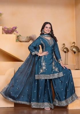 Teal Blue Sequin Work Silk Kurta Set