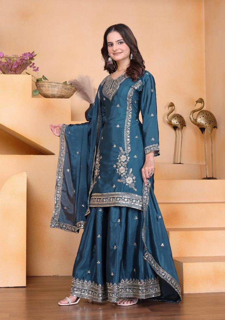Teal Blue Sequin Work Silk Kurta Set - Indya