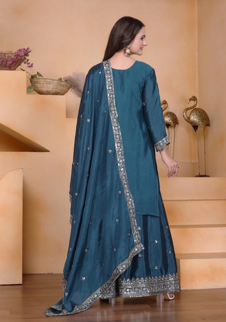 Teal Blue Sequin Work Silk Kurta Set - Indya