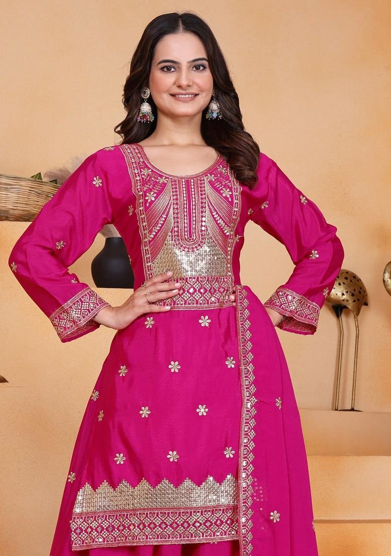 Pink Sequin Work Silk Kurta Set - Indya