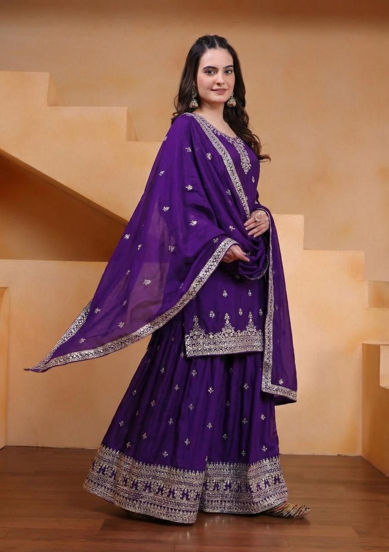 Purple Sequin Work Silk Kurta Set - Indya