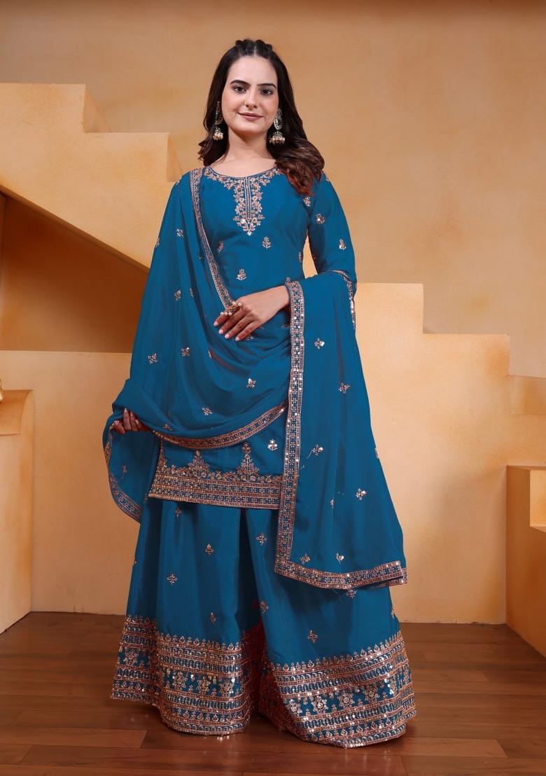 Teal Blue Sequin Work Silk Kurta Set - Indya