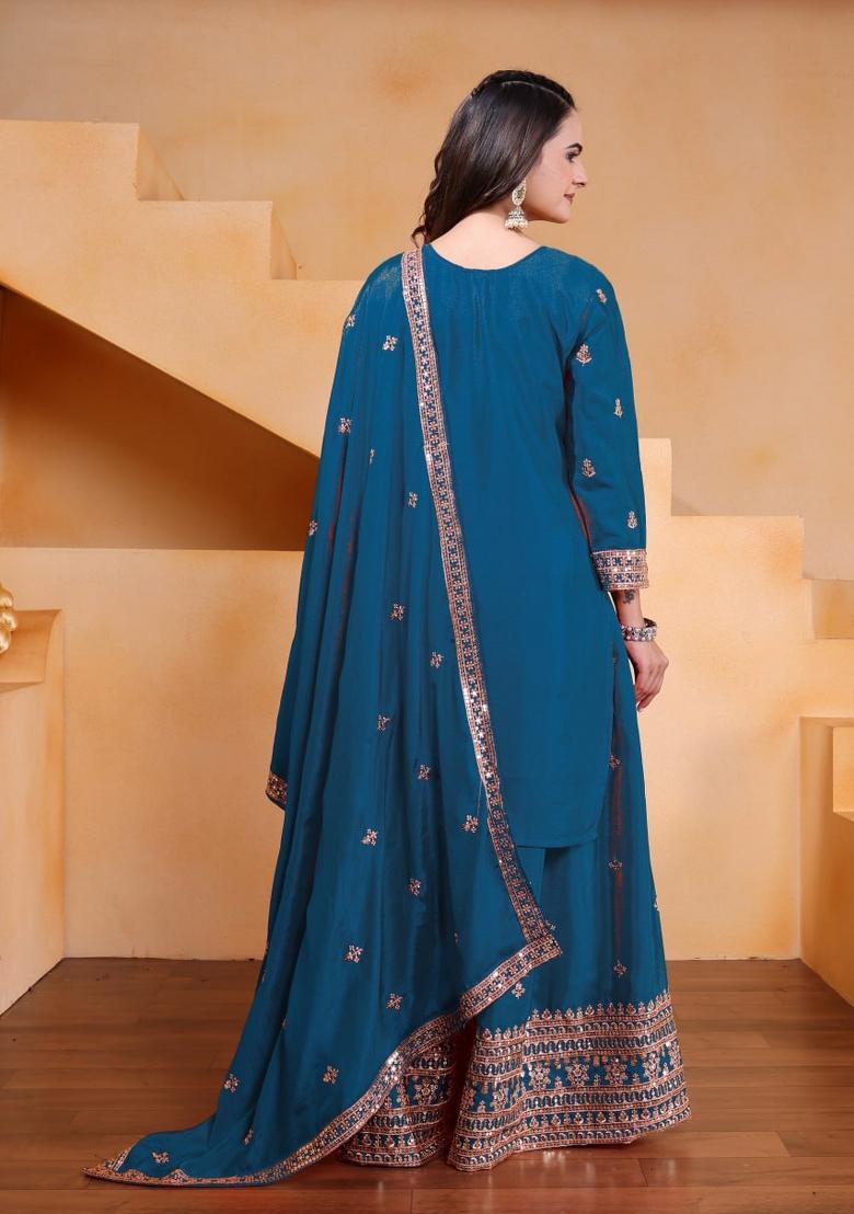 Teal Blue Sequin Work Silk Kurta Set - Indya