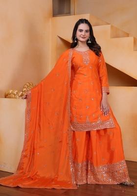 Orange Sequin Work Silk Kurta Set