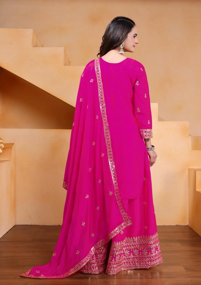 Pink Sequin Work Silk Kurta Set - Indya