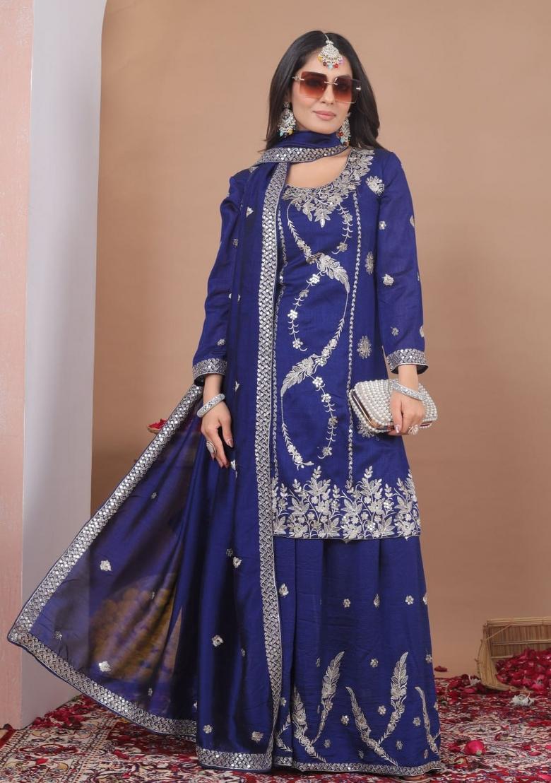 Blue Sequin Work Silk Kurta Set - Indya