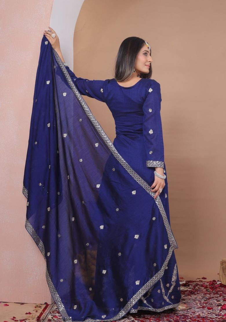 Blue Sequin Work Silk Kurta Set - Indya