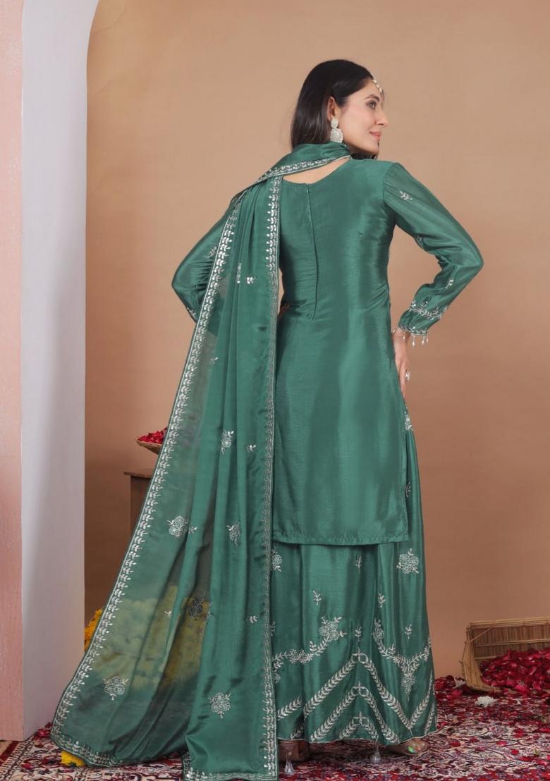 Sea Green Sequin Work Silk Kurta Set - Indya