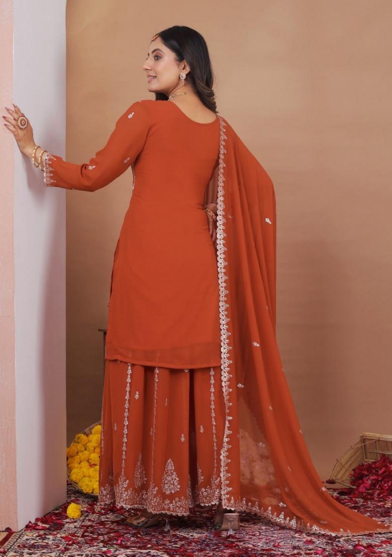Orange Sequin Work Georgette Kurta Set - Indya