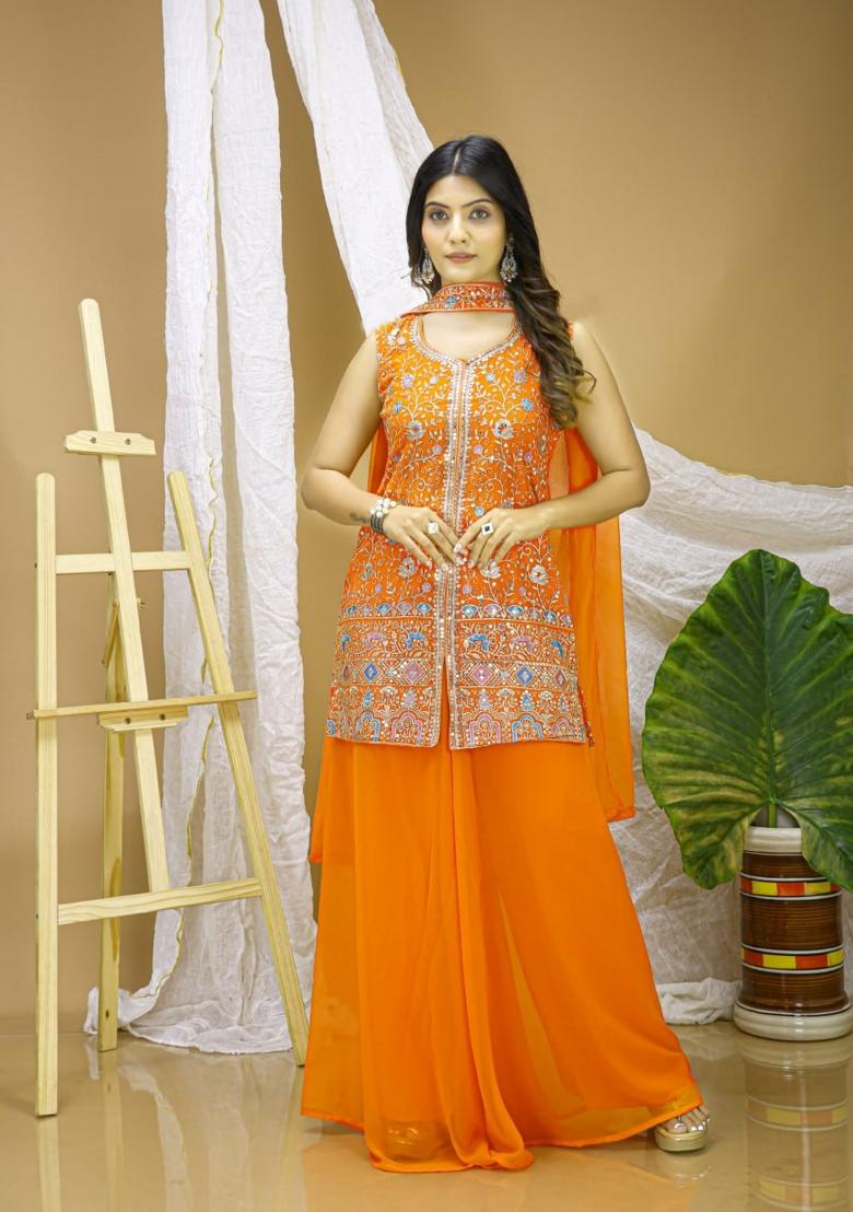 Orange Sequin Work Georgette Kurta Set - Indya