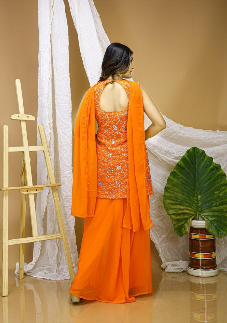 Orange Sequin Work Georgette Kurta Set - Indya