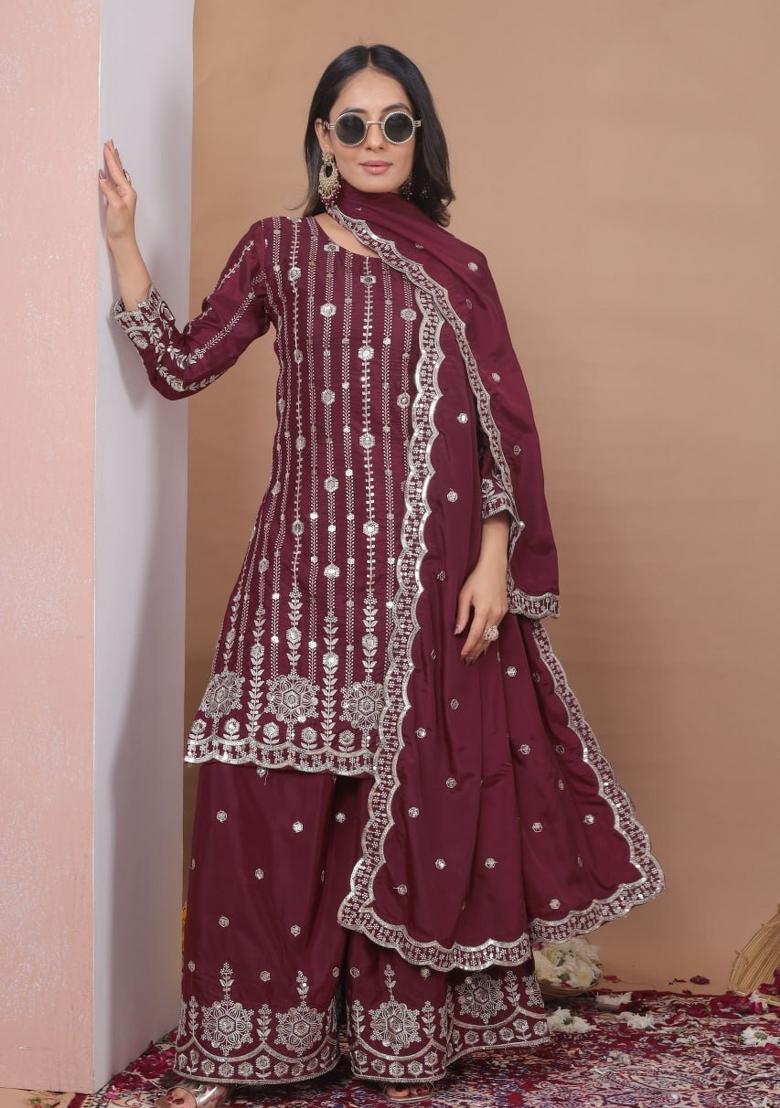 Maroon Sequin Work Crepe Kurta Set - Indya