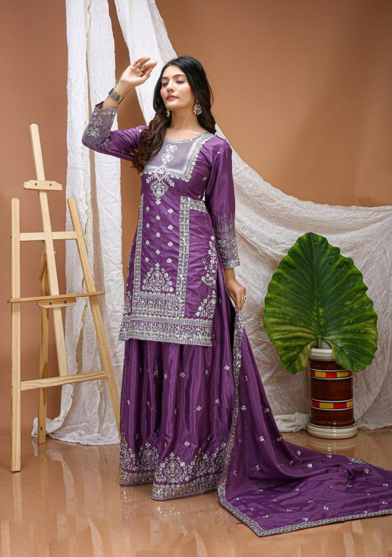 Purple Sequin Work Crepe Kurta Set - Indya