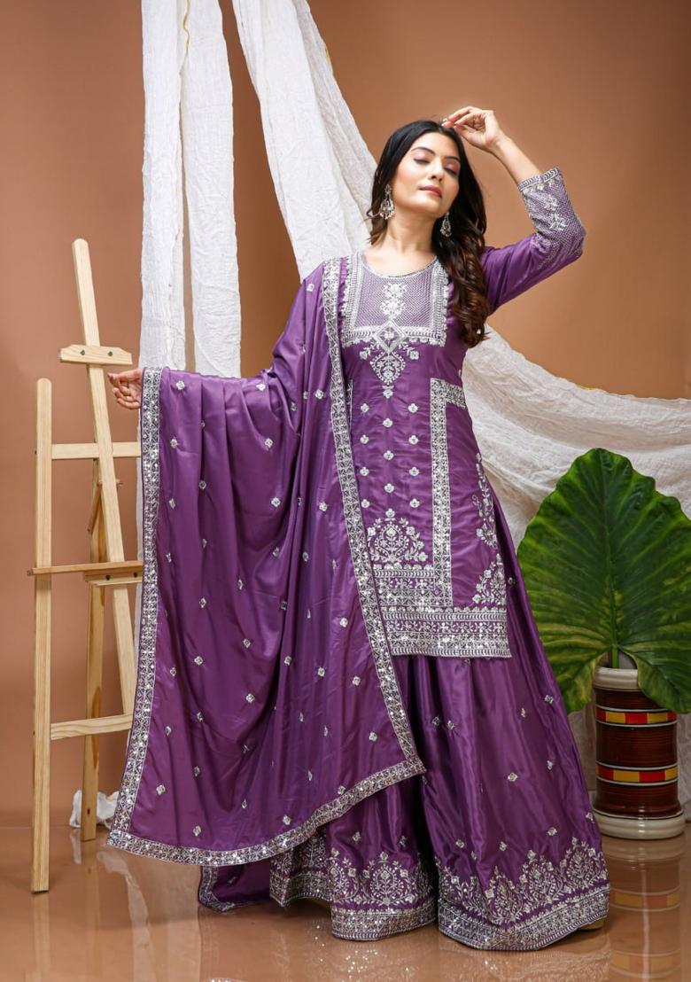 Purple Sequin Work Crepe Kurta Set - Indya