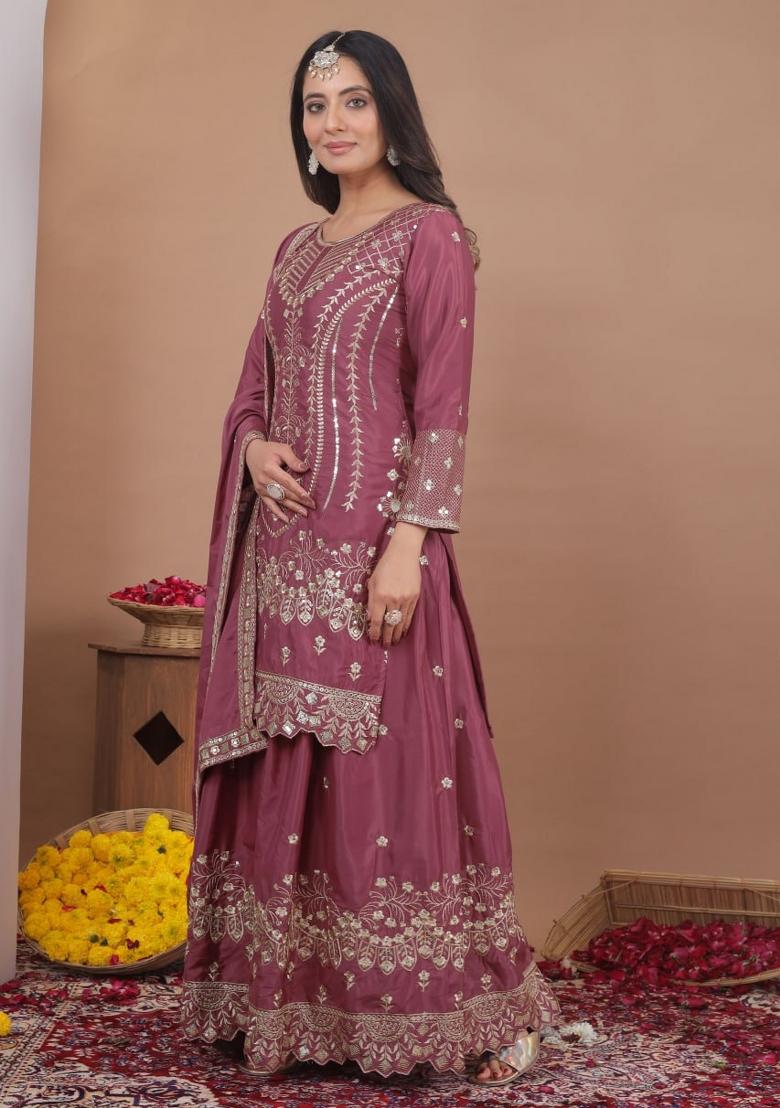 Onion Pink Sequin Work Crepe Kurta Set - Indya