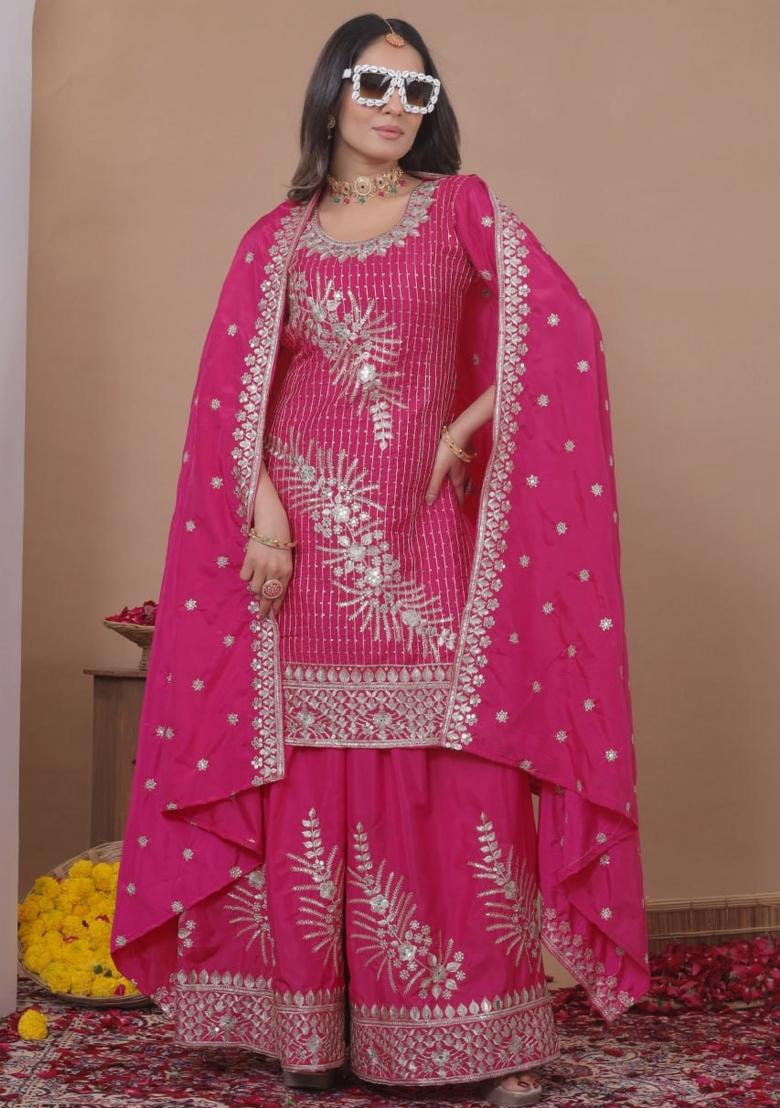 Pink Sequin Work Crepe Kurta Set - Indya