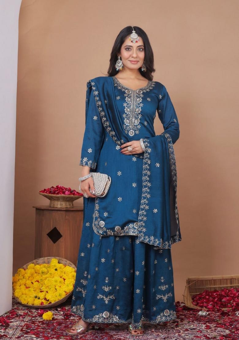 Blue Sequin Work Silk Kurta Set - Indya