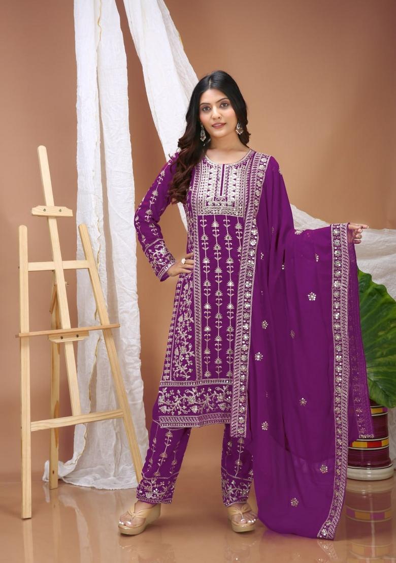 Purple Sequin Work Georgette Kurta Set - Indya