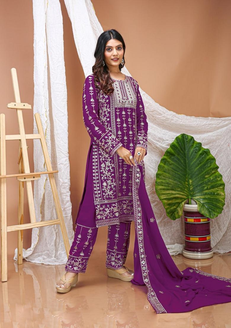 Purple Sequin Work Georgette Kurta Set - Indya