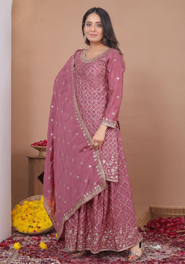 Onion Pink Sequin Work Silk Kurta Set - Indya