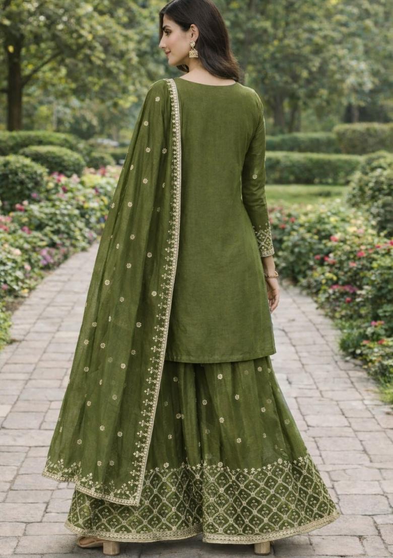 Mehendi Sequin Work Silk Kurta Set - Indya
