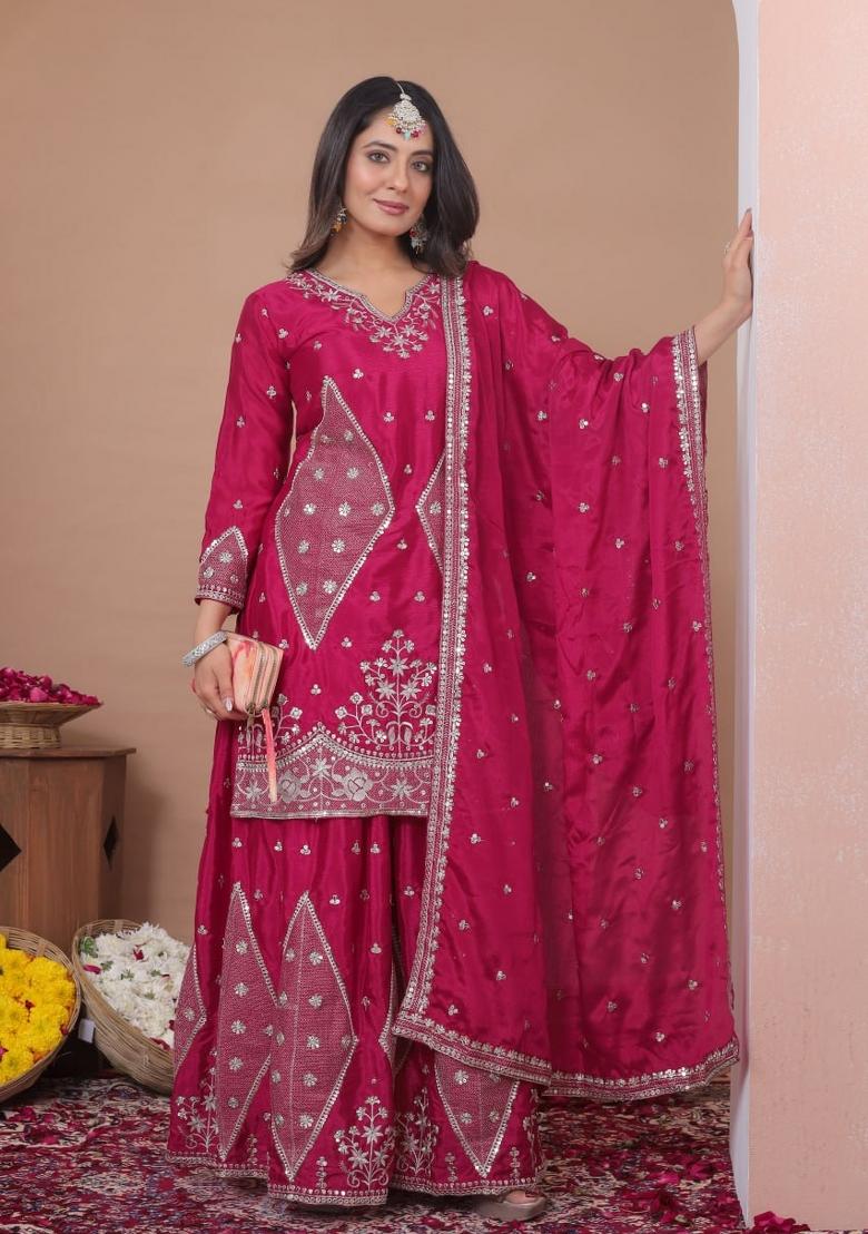 Rani Pink Sequin Work Silk Kurta Set - Indya