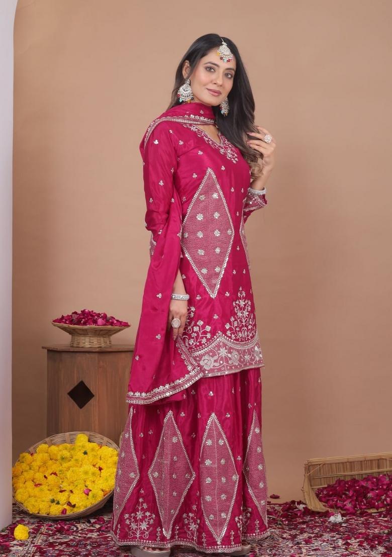 Rani Pink Sequin Work Silk Kurta Set - Indya