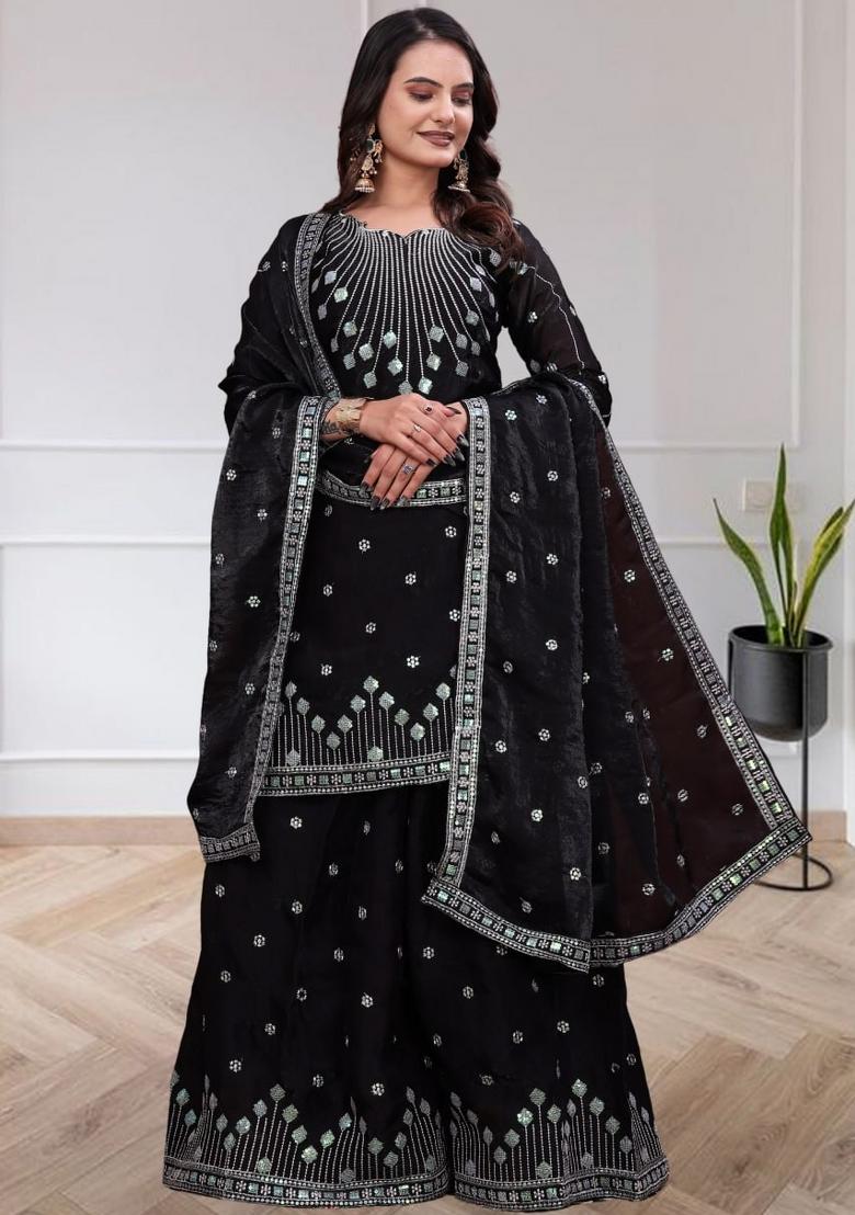 Black Sequin Work Silk Kurta Set - Indya