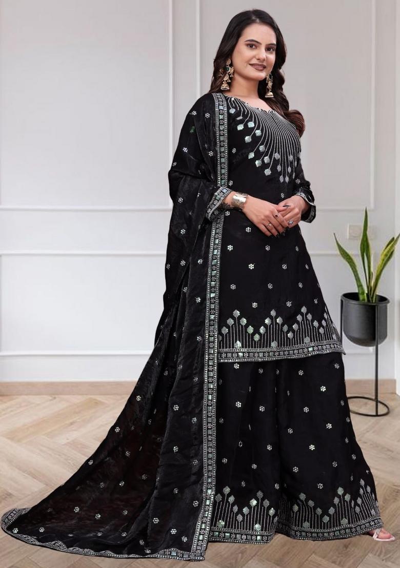 Black Sequin Work Silk Kurta Set - Indya