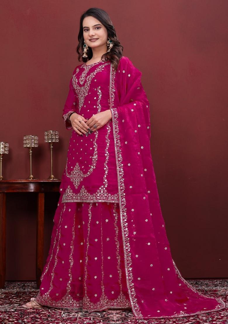 Pink Sequin Work Silk Kurta Set - Indya