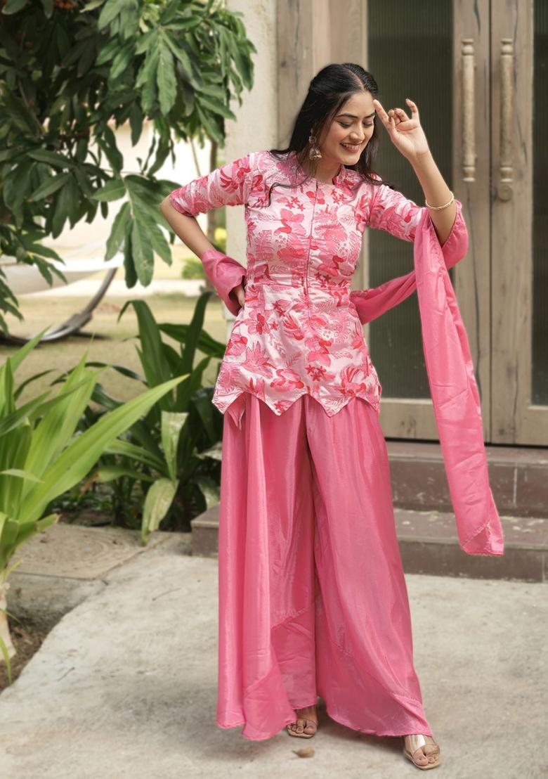Pink Embroidery Chinon Palazzo Set - Indya