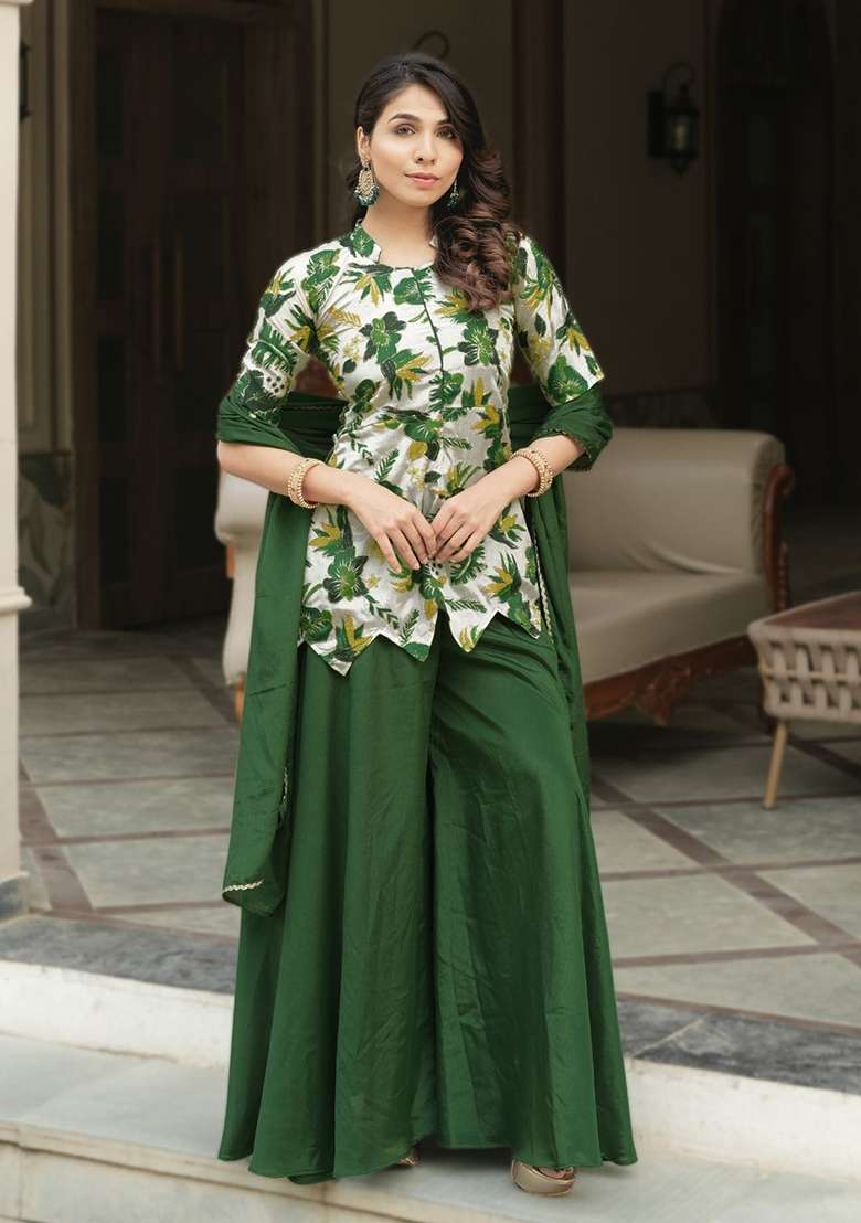 Green Embroidery Chinon Palazzo Set - Indya