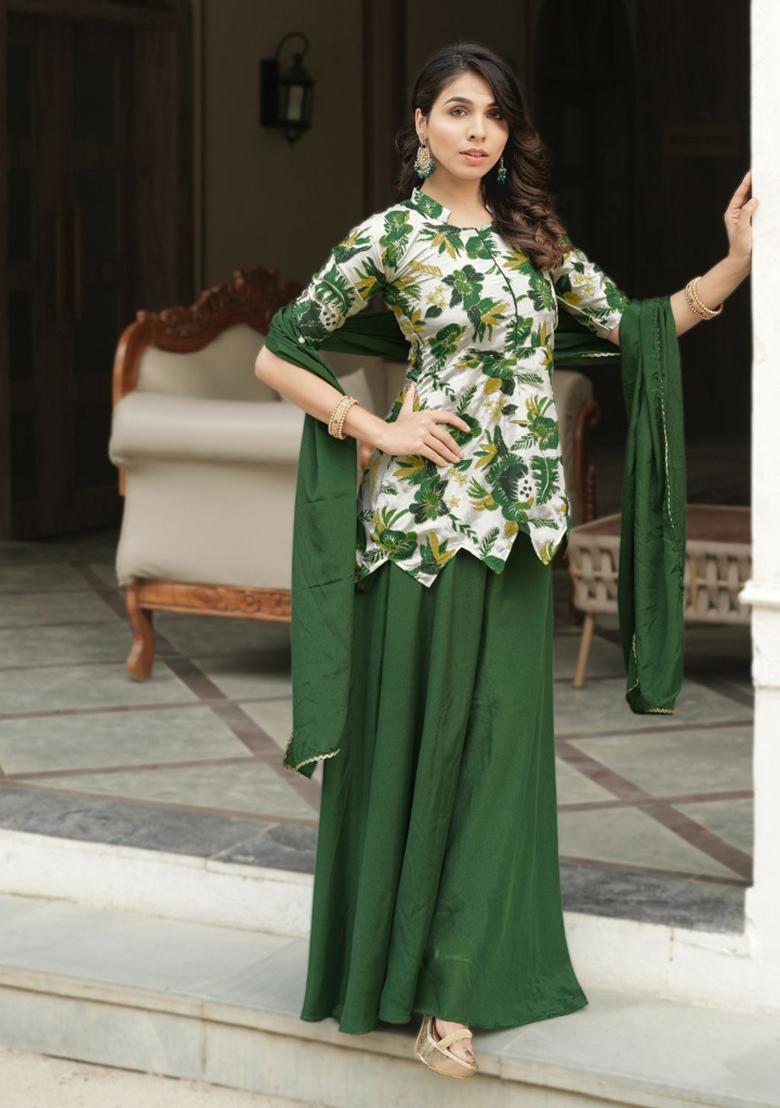 Green Embroidery Chinon Palazzo Set - Indya
