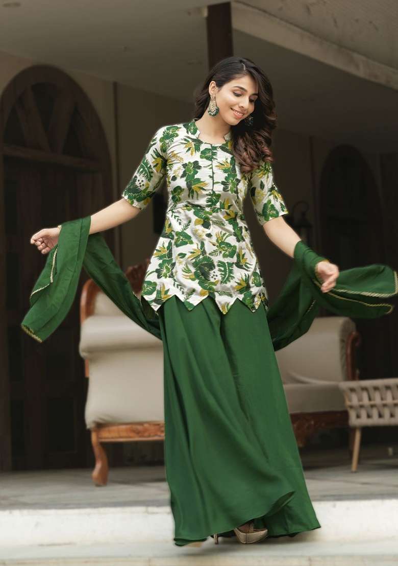 Green Embroidery Chinon Palazzo Set - Indya