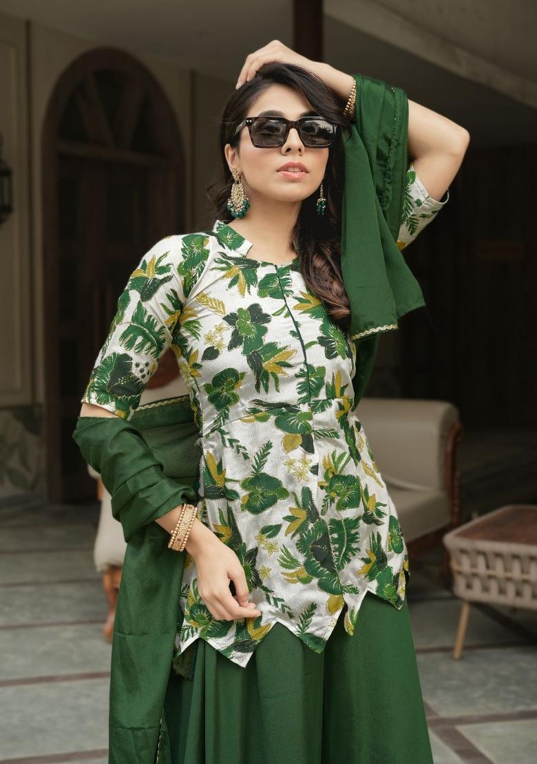 Green Embroidery Chinon Palazzo Set - Indya