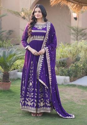 Purple Embroidery Georgette Anarkali With Dupatta