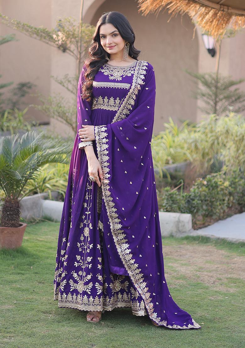 Purple Embroidery Georgette Anarkali With Dupatta - Indya