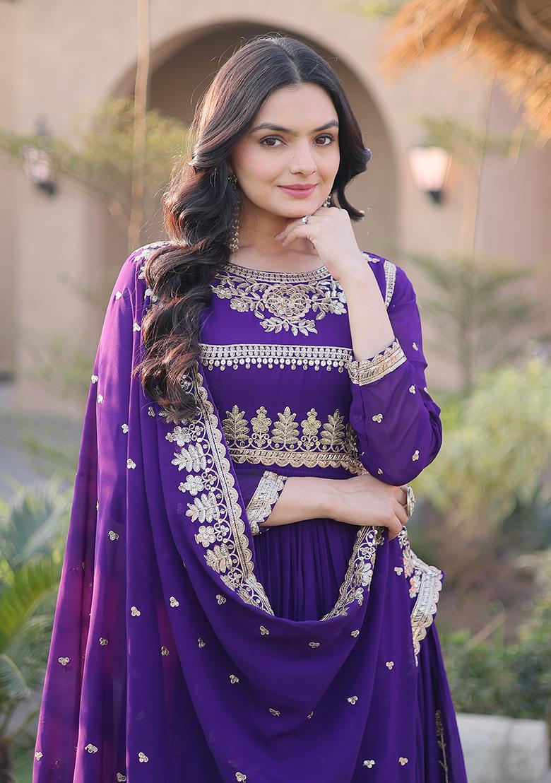 Purple Embroidery Georgette Anarkali With Dupatta - Indya