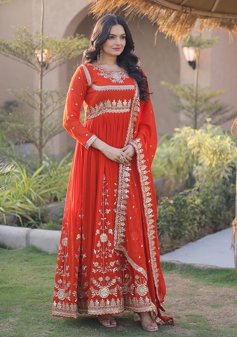 Orange Embroidery Georgette Anarkali With Dupatta - Indya