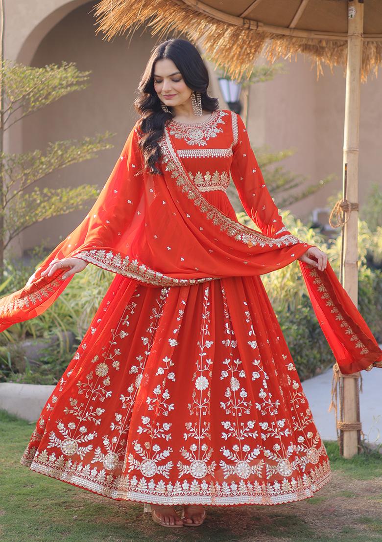 Orange Embroidery Georgette Anarkali With Dupatta - Indya