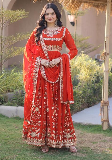Orange Embroidery Georgette Anarkali With Dupatta