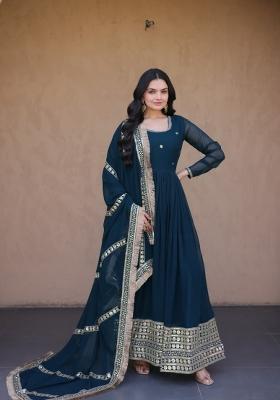 Rama Beads Work Faux Blooming Anarkali With Dupatta