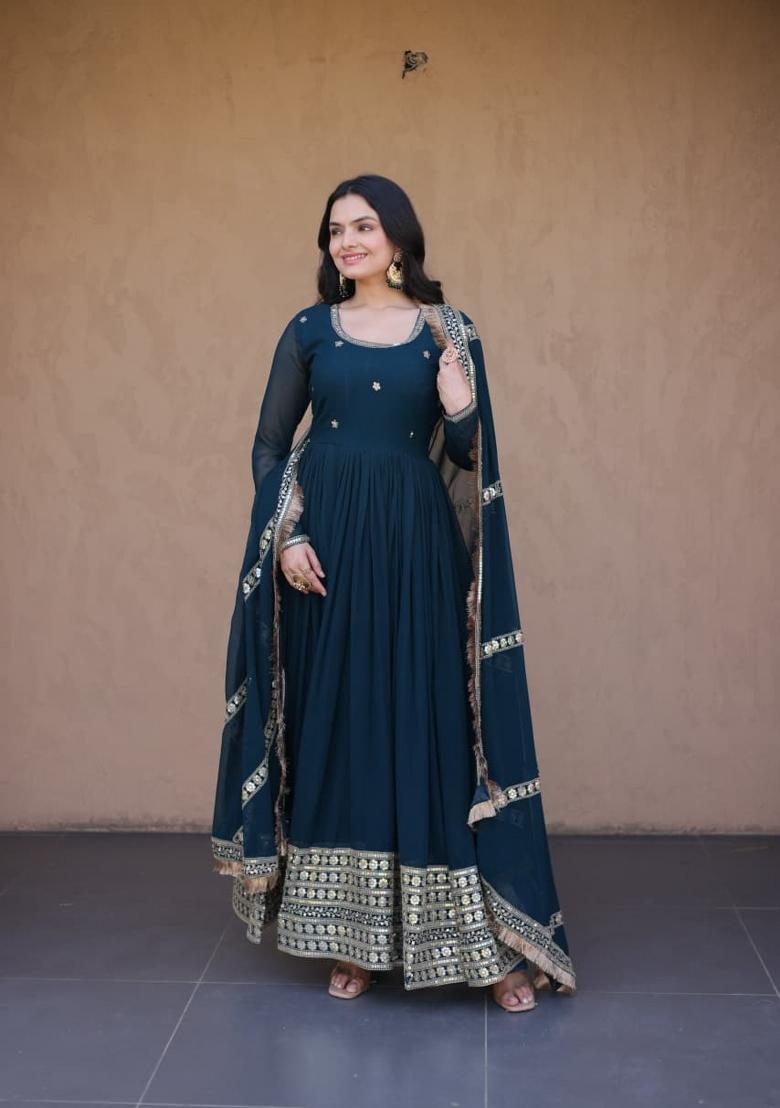 Rama Beads Work Faux Blooming Anarkali With Dupatta - Indya