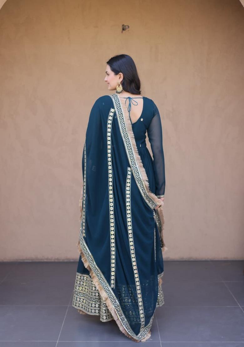 Rama Beads Work Faux Blooming Anarkali With Dupatta - Indya